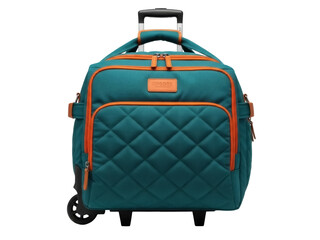 Isolated turquoise trolley bag with orange trim and retractable handle on smooth surface