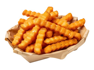 Isolated portion of crinkle-cut french fries in cardboard container, ready to be eaten