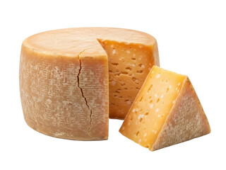 Isolated wheel of aged cheese, a chunk cut out, with a triangle wedge ready to serve