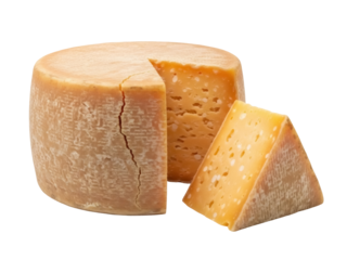 Isolated wheel of aged cheese, a chunk cut out, with a triangle wedge ready to serve