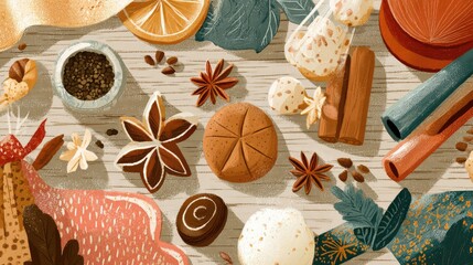 A Vibrant Still Life Composition Featuring Spices, Herbs, Citrus, and Bakery Items on a Wooden Surface with Textures and Warm Tones for Culinary Inspiration