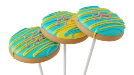 Isolated round cake pops with blue and yellow icing design on sticks, bakery sweet treat