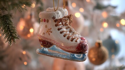 Beautiful Christmas tree ornament in the shape of a vintage ice skate, featuring intricate designs and glitter, perfect for winter and holiday decoration themes