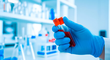 Scientist holding blood samples in test tubes for medical analysis