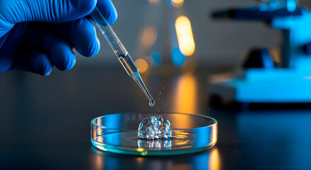 Scientist using a pipette to dispense liquid into a petri dish in a lab setting