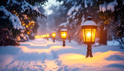 Winter Snowy Path with Warm Lantern Light