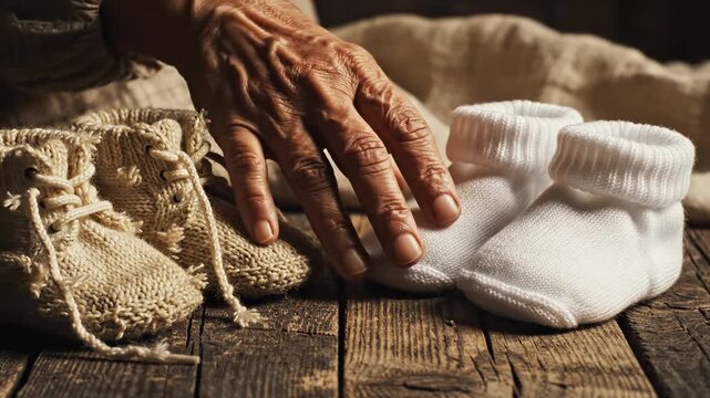 Woman&rsquo;s wrinkled hand placing tiny knitted boots near white infant booties on rustic wood, representing new life and memory