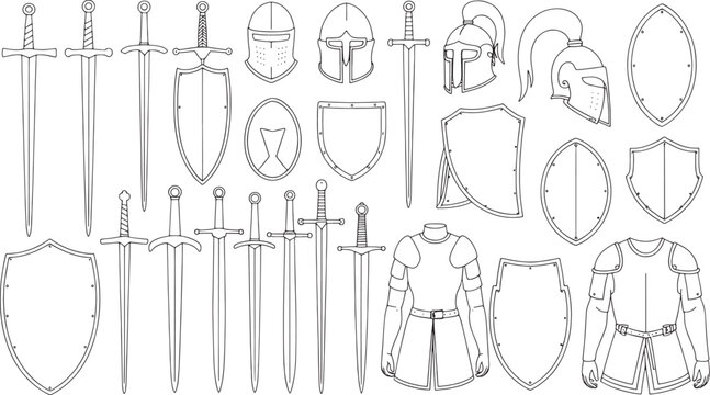 Collection of medieval swords shields and helmets line art armor