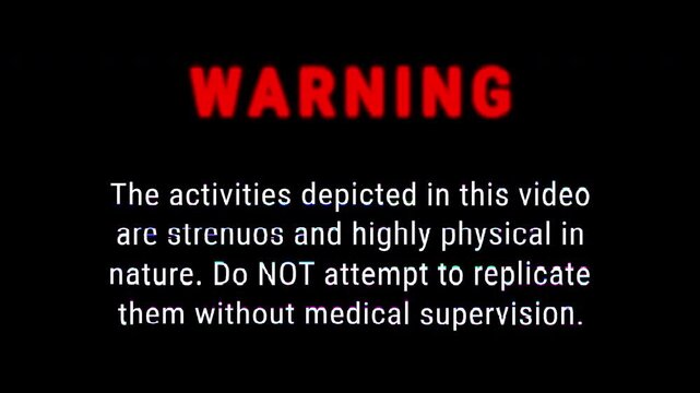 An old retro-style VHS tape, featuring a warning message: the activities depicted in this video are extremely strenuous and physical. Do not attempt to replicate them without medical supervision. 4k 