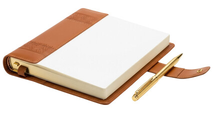 Isolated personal organizer with leather cover, note-taking tool, business notebook and pen