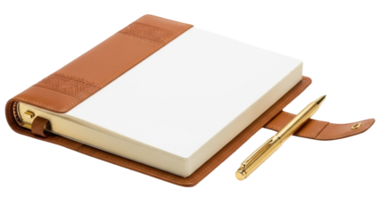 Isolated personal organizer with leather cover, note-taking tool, business notebook and pen