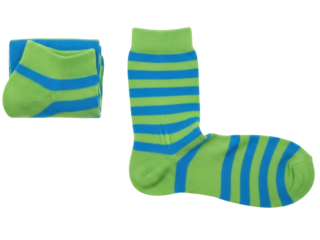 Isolated striped green-and-blue socks pair, one folded and one showing the entire length of the sock