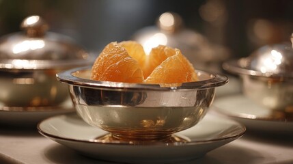 Small glass bowl with a silver rim on a white plate. inside the bowl, there are two pieces of orange fruit, which appear to be tangerines.