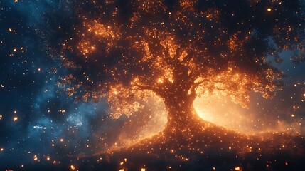 Enchanted luminescent tree with radiant glow amidst a twilight spectacle