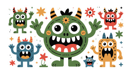 Fototapeta premium Whimsical Monster Collection: A playful group of cheerful cartoon monsters. Each monster boasts unique colors, shapes, and features, evoking joy and imaginative play. 