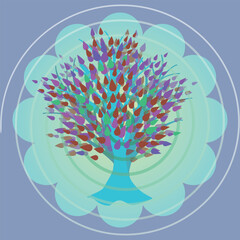 Abstract illustration of a colorful tree with teardrop-shaped leaves, surrounded by concentric circles on a soft blue background; modern, vibrant, and symbolic.

