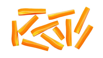 Isolated carrot sticks, raw orange vegetable, healthy and tasty food for snack, vegetarian menu