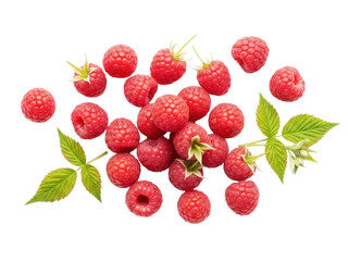 Isolated pile of fresh red raspberries with green leaves on a light surface backdrop