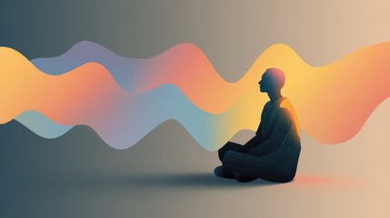 Serene Silhouette of a Person Meditating Amidst Colorful Abstract Waves Representing Calmness, Peace, and Inner Reflection in a Tranquil Environment