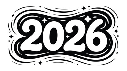 The Year 2026: A stylish illustration of the year 2026, crafted with elegant typography and adorned with dynamic swirling patterns and sparkling stars.