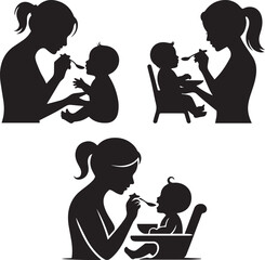 Silhouette of mother feeding baby with spoon sitting in high chair care