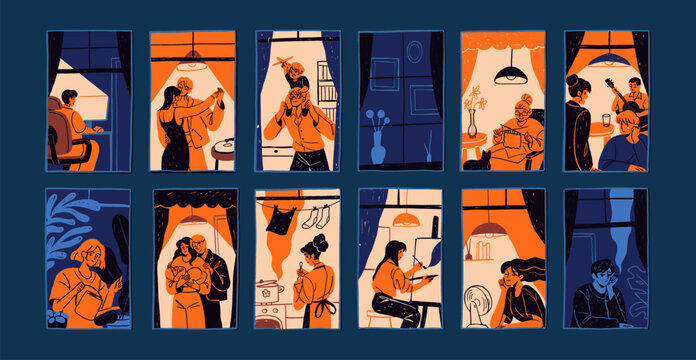 Windows with people at night set. Apartments with families, couples and kids inside. Lineart facade of condo house with different neighbors indoors. Flat hand drawn isolated vector illustrations