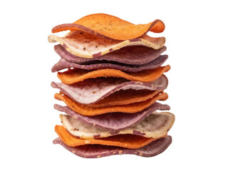 Isolated stack of colorful sweet potato chips alternating orange and purple color