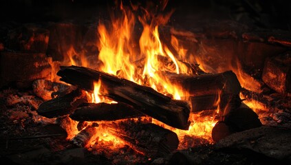 Close-up captures a vibrant campfire. Flames dance among charred wood logs and glowing embers