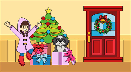 A girl is standing in front of a Christmas tree with a dog