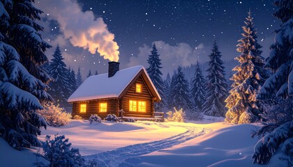 Cozy Snow-Covered Christmas Cabin at Night