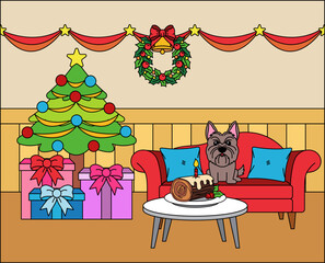 a dog on a couch in front of a Christmas tree
