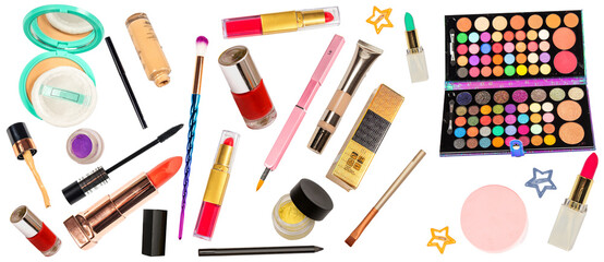 Set of Makeup Items falling on transparent png with no background