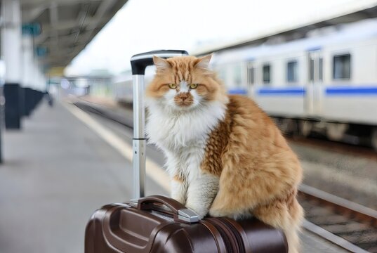 A fluffy ginger and white cat sitting confidently on top of a brown hard-shell suitcase on a train station platform. The background features a blurred view of a train and railway tracks