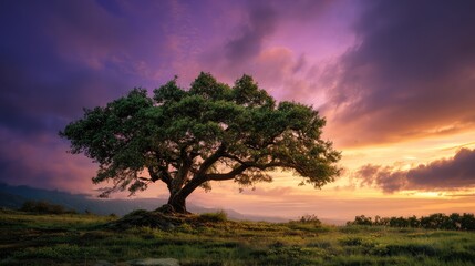Obraz premium Majestic Oak Tree Standing Alone Against a Colorful Sunset Over Rolling Hills, Creating a Serene and Peaceful Landscape Scene in Nature