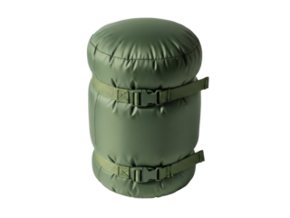Isolated military olive-green cushion or soft cylinder, buckled for storage, ready for transport