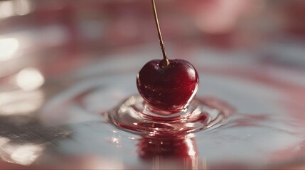 Close-up of a single cherry falling into a pool of water. the cherry is in the center of the image, with a small droplet of the cherry on top of it.