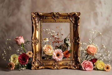 An ornate rectangular gold frame standing on a support in an outdoor setting. The frame is lavishly decorated with vibrant floral clusters featuring pink roses, purple and yellow chrysanthemums, and f