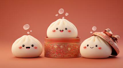 Adorable dim sum buns with happy faces food concept