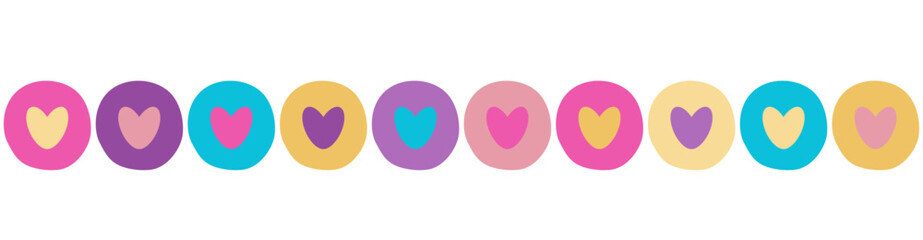 Seamless border with colorful round elements with small hearts inside. For newsletters, email, headers, childrens projects, and holiday designs. A playful repeating divider for bright layouts