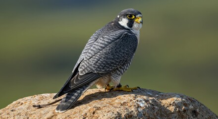 Fototapeta premium Peregrine falcon perched on rock side view with natural background wildlife concept