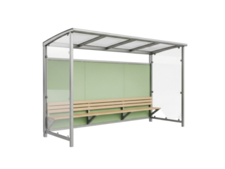 Isolated bus stop bench with shelter, light wooden seats and metal frame structure