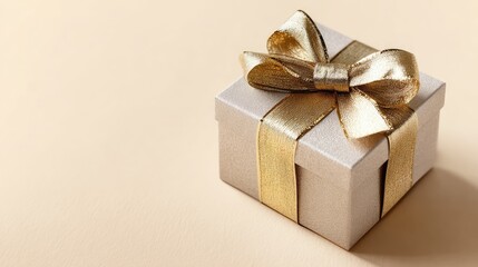 Elegant gift box with shiny gold ribbon placed on a soft beige background showcasing luxury and charm, ideal for occasions like birthdays, weddings, and celebrations.