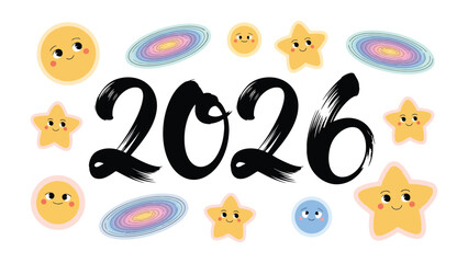 Cosmic Countdown to 2026: An inviting illustration that transforms the upcoming year into a celestial spectacle, featuring a friendly galaxy, stars, and celestial bodies that embody the charm of time.