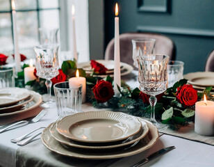Fototapeta premium Elegant New Year table setting with beige tones, candles, festive details and cozy holiday ambiance. Perfect for seasonal celebrations, home décor styling and winter lifestyle photography.