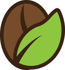 Illustration of a brown coffee bean with overlapping green leaf, symbolizing natural coffee branding. Ideal for eco product visuals, organic packaging, and sustainable agriculture campaigns.