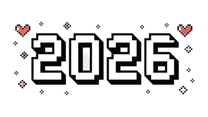 Digital Pixelated 2026: A playful and futuristic graphic of the year 2026, rendered in a charming pixel art style, with hearts and sparkling accents. A creative expression of forward-looking design