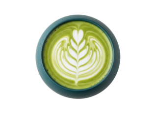Isolated matcha latte art in blue cup, creamy vegan leaf pattern, rich green tea, caffeine