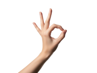 Isolated human hand showing an OK gesture, good signal with fingers and arm raised up high