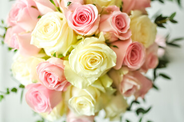 Wedding Bouquet Of Pink And White Roses Flowers, Romantic Bridal Decoration For Love Celebration