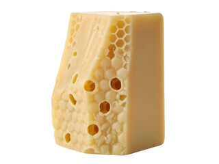 Isolated piece of Swiss cheese with holes, close up shot in studio, a delicious food item